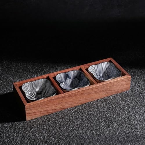 MiluFox小皿セット 和風 前菜皿 深型 盛り鉢 9点セット 陶器付き 仕切り竹トレイ付き 醤油皿 小鉢 和食器 天然木 セラミック 火鍋 焼肉 寿司 食洗機対応 調理器具 (【3格+3?】2)