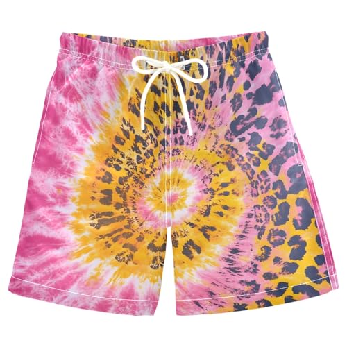 Leopard Pink Tie Dye Boys Swim Trunks, Quick Dry Toddler Beach Shorts Boy Swimwear Bathing Suit