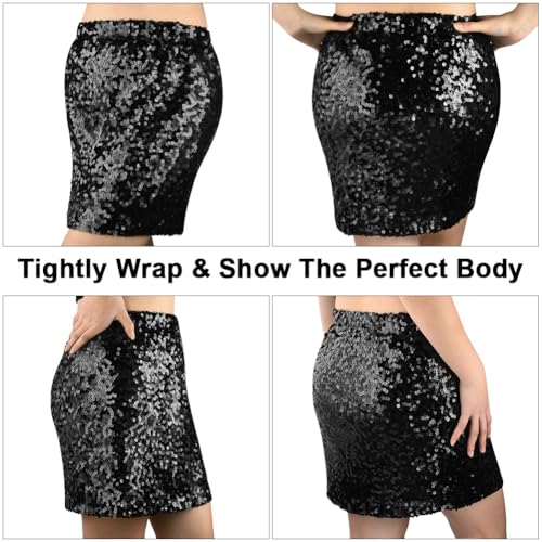 Aolso Sequin Skirt for Women,Women‘s Casual Elastic Mini Skirt,Black/Silver Bodycon Glitter Hip Wrap Skirt for Club Party Streetwear - Image 6