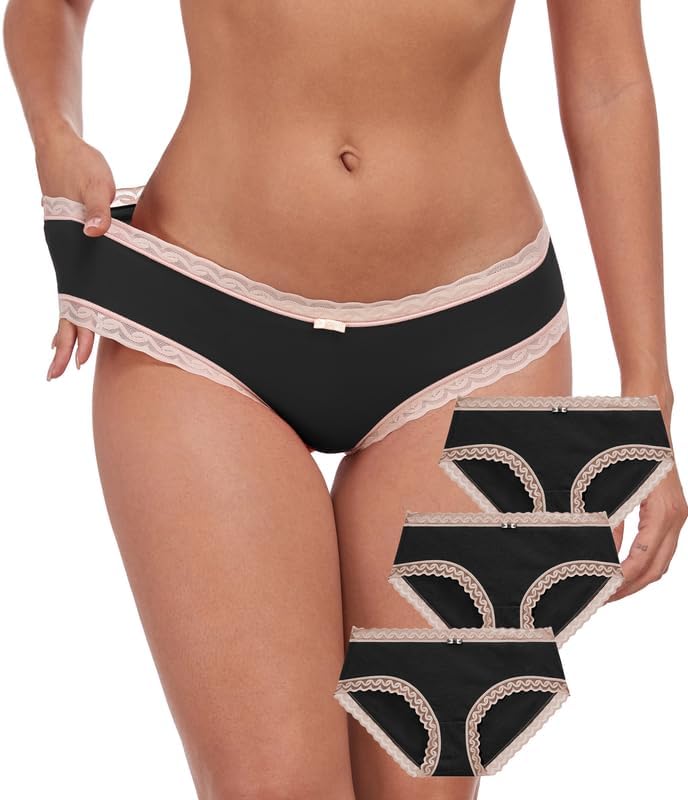 ANLIQI Cotton Underwear for Women Soft Lace Trim Hipster Panties Low Rise Bikini Undies Multipack(3-Pack Black,L)