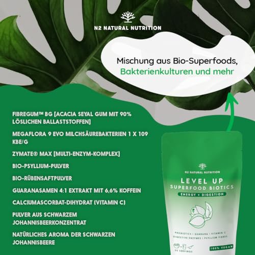 Flohsamenschalen Komplex Verdauungsenzyme + Ballaststoffe + Vitamin C. Darmbakterien für Stoffwechsel und Darmflora Aufbau. Nahrungsergänzungsmittel. Vegan. N2 Natural Nutrition