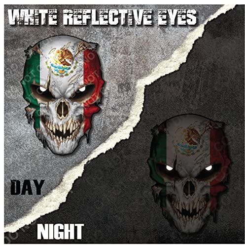 Image of Mexico Country Flag Skull Decal w /Reflective Eyes Mexican Pride - Universal Auto Skeleton Sticker for Car Truck SUV Body Side Window & Windshield - Army Military Decals for Helmet