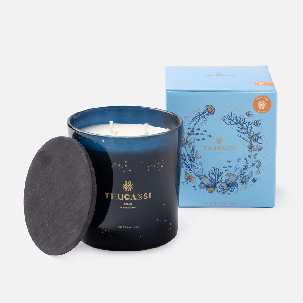 Thucassi Ocean Candle, Trade Winds Scent, 21oz., Blue Glass