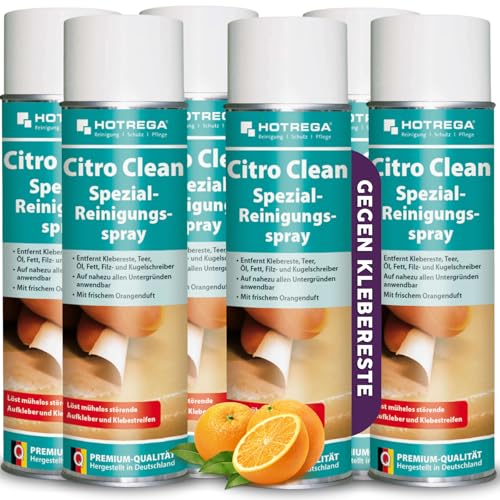 HOTREGA Citro Clean Spezial-Reinigungsspray 6x 500 ml | Kleberesteentferner mit Orangenterpenen & Citrusduft | Entfernt Silikon, Fett, Öl, Teer, Harz