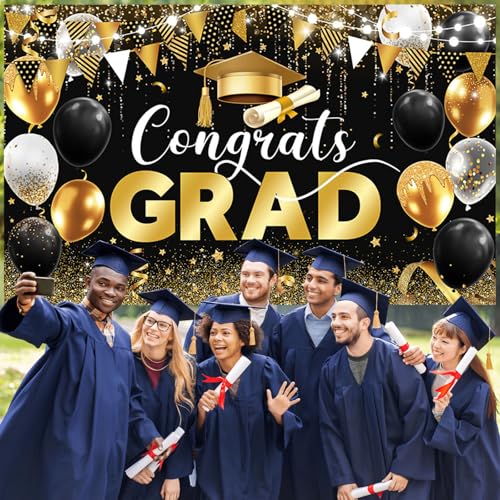 Image of AIBIIN 7x5ft Congrats Grad Backdrop Black Gold Glitter Balloons Congratulations Graduation Party Decorations Background for Photography Graduation Decorations 2025 Party Supplies