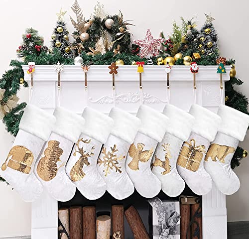 Gex Christmas Stockings 8 Pack For Family 20" Gold Sequins White Velvet With Soft Faux Fur Embroidery Classic Fireplace Tree Decorations Hanging Ornament For Xmas Season Decor (Set Of 8) #TOP5
