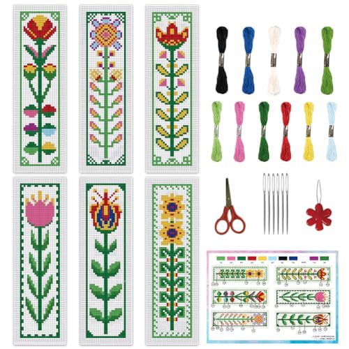 Image of INFUNLY 6pcs DIY Flower Cross Stitch Bookmark Kits for Beginners 2.4''x7.9'' Colourful Flowers Stamped Embroidery Bookmark Kits with Instruction Needlepoint Bookmark Kits with Plant Pattern for Gift