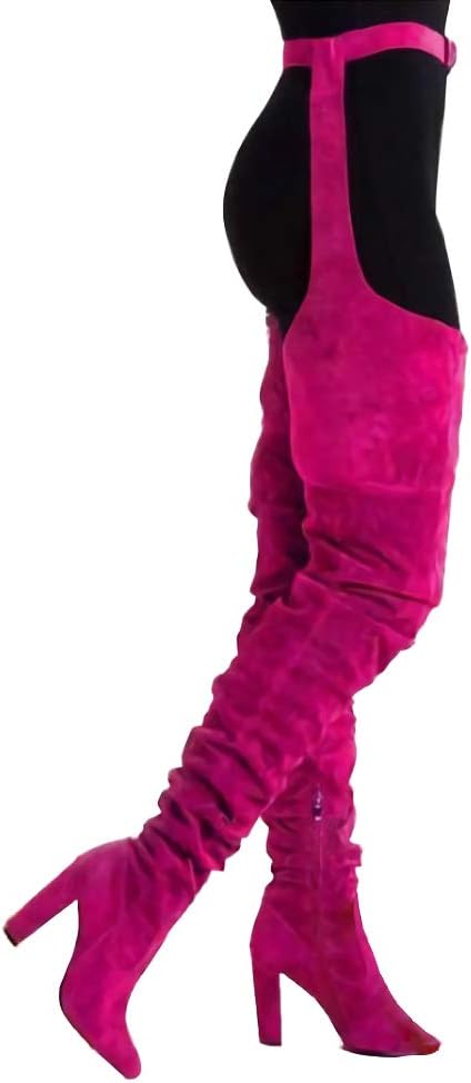 Cilyberya Sexy Over The Knee Long Boots Pointed Belt Zipper Chunky High Heels Party Club Dance Shoes High Boots for Women Rose Red