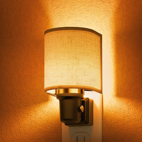 Image of L LOHAS LED Amber Night Lights Plug into Wall, Plug in Night Light Dimmable | Farmhouse Decorative Nightlights Plug in Wall, Light Sensor, Linen Fabric Yellow Nightlight, Bedroom Hallway Hallway, 1 Pack