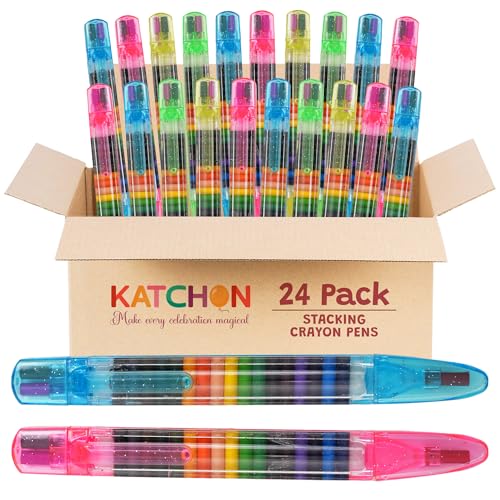 KatchOn 24 Pcs Multicolor Stackable Crayons | Bulk Stacking Crayons Colorful Stackable Pencils Party Favors DIY Pencil for Back to School Supplies Office Birthday Party Favors (Each Crayon 20 Nibs)