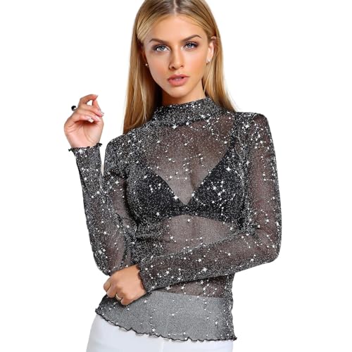SHOWHEEL Glitzer Mesh Oberteile Damen Sexy Netzshirt Schwarz Langarmshirt Durchsichtiges Mesh Bluse Hohe Elastizität Damen Mesh Top Transparentes Casual Für Outfit Party Club