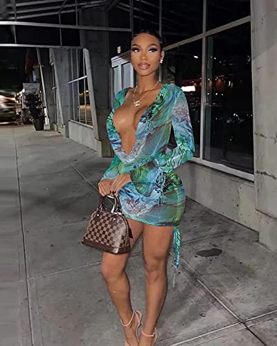 Image of Women's Sexy Long Sleeve Two 2 Pieces Outfits Sheer Mesh Mini Dress Skirt Set Top V Neck Backless Ruched Bodycon Cover Up
