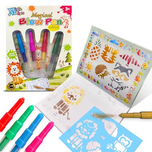Image of Wembley Blow Pen Painting Colour Set-Unique Birthday Gift Colour Pens Set-Colouring Kit for Kids-Spray Pen Stationery Bundle with 35 Stencils,4 Fluorescent Markers & 16 Colouring Pages-Jungle,Multi