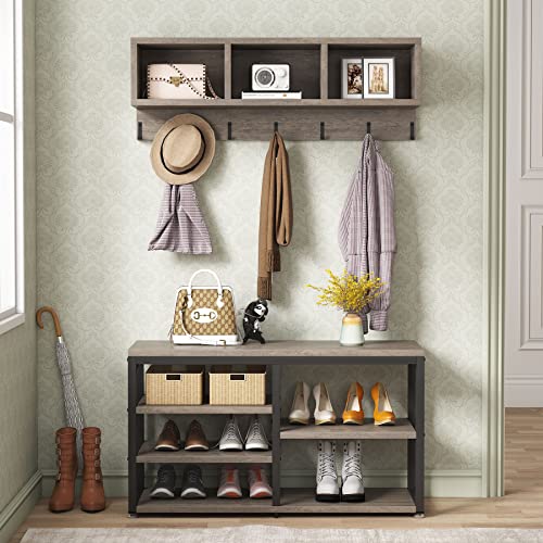 Image of Tribesigns Coat Rack Shoe Bench Set Industrial, Hall Tree with 3 Storage Cubbies, 7 Hooks for Entryway, Hallway, 5-in-1Design, Vintage Grey
