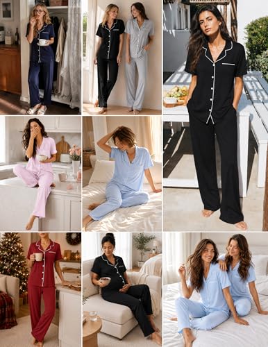 Image of ZMJ Womens Pajamas Sets 2 Piece Button Up Pj Sets Short Sleeve with Long Pant