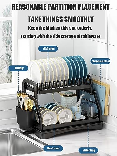 Escurridor de platos de 2 niveles con soporte para cubiertos y bandeja de drenaje. Orga de cocina para un secado eficiente y un almacenamiento elegante, sistema de drenaje automático