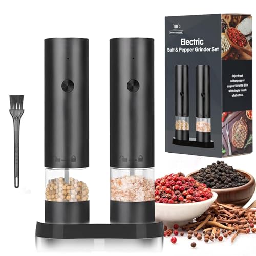 BOOM Electric Salt and Pepper Grinder Set 2 Bottles in 1 Holder Automatic Battery Pepper Mill Electric Salt Shakers USB Rechargeable One-handed Operation Adjustable Coarseness Suitable for BBQ Kitchen
