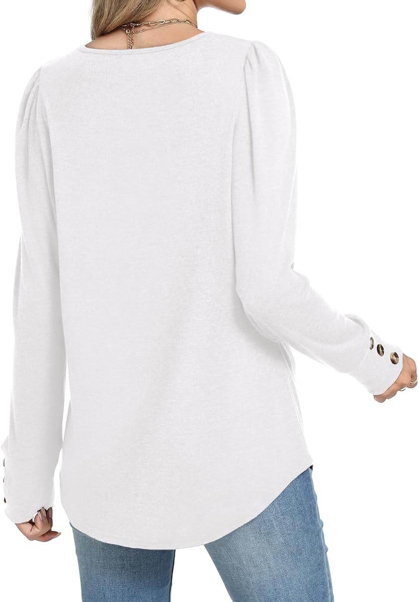 OFEEFAN Long Sleeve Shirts for Women Blouses Dressy Casual Womens Sweaters Puff Sleeve Fashion Clothing Tops with Buttons - Image 5