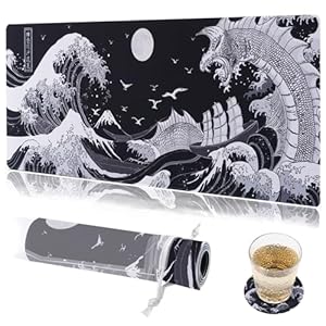 Black and White Japanese Kanagawa Painting Mouse Pad (Bouns: coaster+Bag) 31.5×11.8 Inch 3mm Thick Extended Gaming Mousepad Non-Slip Water-Proof Keyboard Pad for Study, Gaming, Office at Home