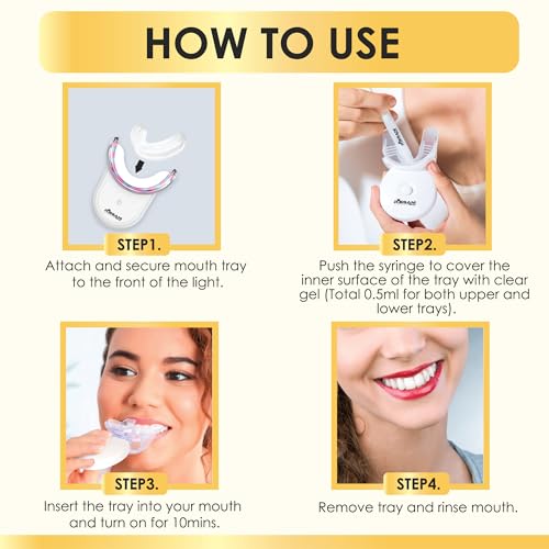 Image of Teeth Whitening Kit - Hydrogen Carbamide Peroxide Gel Pen Strips for Sensitive Teeth, Gum, Braces Care - 32X LED Light Tooth Whitener - Professional Oral Care Kit with 2 Mouth Trays