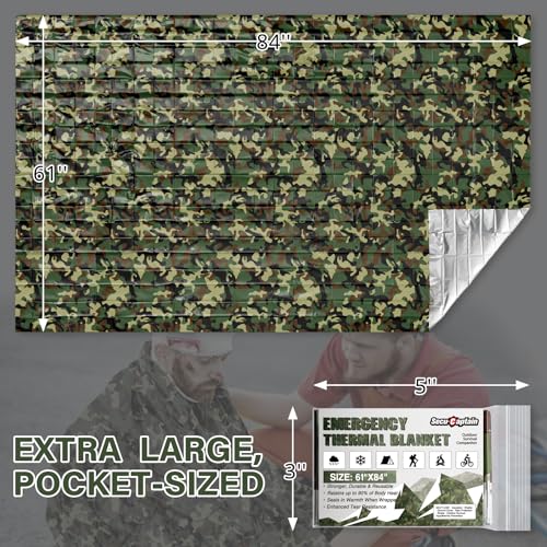 Image of SecuCaptain Survival Emergency Thermal Blankets: Thicken 28um Space Mylar Blanket Kit for Outdoor Cold Winter Camping, Hiking, Car Bug Out Bag, or First Aid - Woodland Camo 4 Pack