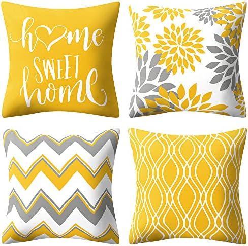 Drmstow Yellow Pillow Covers 18x18 Set of 4 Modern Geometric Floral Spring Summer Throw Pillows Outdoor Decorative Square Pillow Cushion Case for Couch Living Room Bedroom Indoors Home Decor