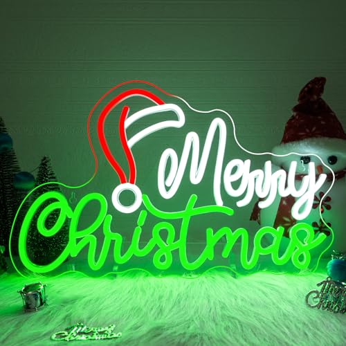Image of Merry Christmas Neon Sign Santa Hat LED Neon Light Holiday Decor for Shops | Festive light up sign for christmas window, bedroom, bar, party & holiday home decor, dimmable LED light with USB powered