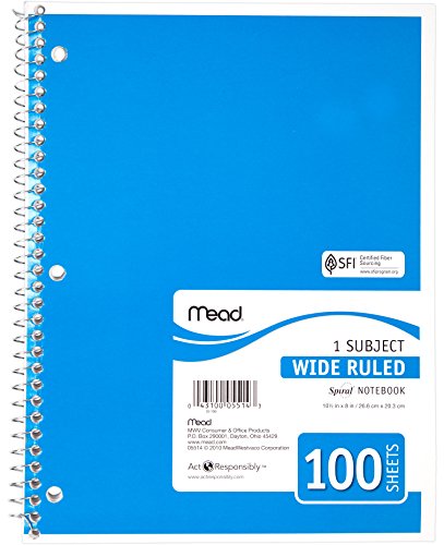 Mead Spiral Notebook, 1 Subject, Wide Ruled, 100 Sheets, 8" X 10 1/2", Assorted Colors, Pack Of 6 #TOP1