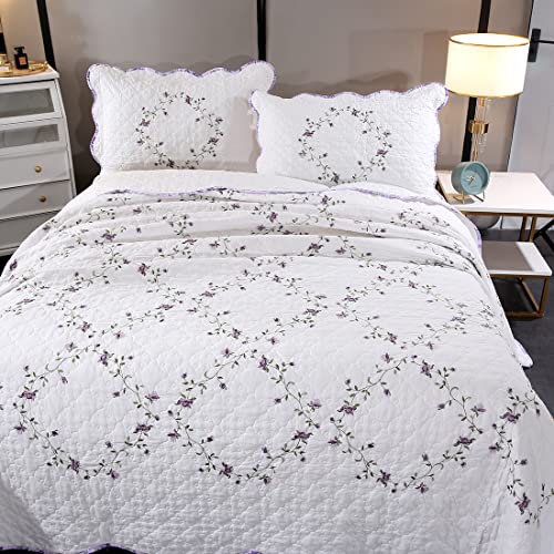 Vctops 3-Piece Elegant Floral Embroidered Bedspread Coverlet Set Oversize Queen 100% Cotton Reversible Patchwork 1 Quilt And 2 Pillow Shams (Purple,Oversize Queen) #TOP2