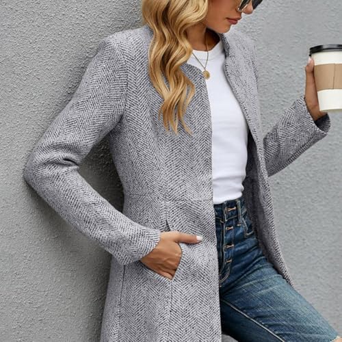 Woolen Street Style Plaid Slim Fit Jacket, Women's Solid Color Pocket Long Sleeve Open Front Coat, Casual Suit Jacket4