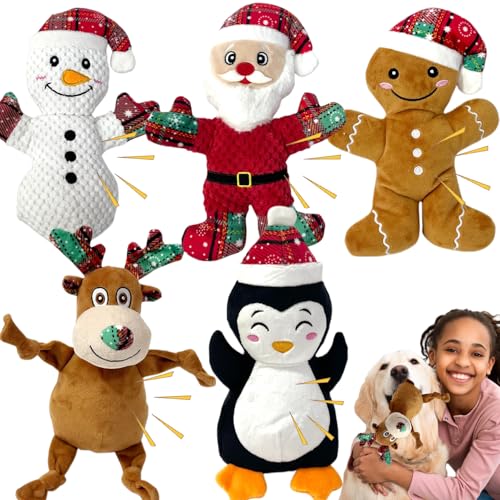 5 Pieces Christmas Squeaky Interactive Dog Toys with Crinkle, Plush Toy to Keep Them Busy for Boredom, Dog Toy for Small Medium Large Dogs - Santa/Penguin/Snowman/Gingerbread Man/Deer
