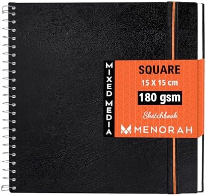 MENORAH - Square Spiral Sketch Book for Artist - 180 GSM - 100 Pages/50 Sheets - Square Sketchbook for Drawing, Painting, Acrylics, Gouache - Metal Spiral Bound -(15.0 x 15.0 cm) -(Acid Free) Black