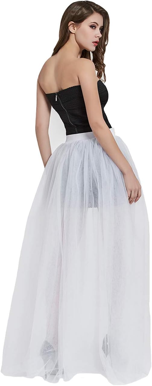 Women's 4 Layers Overlay Long Tulle Skirt Overskirt Floor Length Tutu for Wedding Party (White)