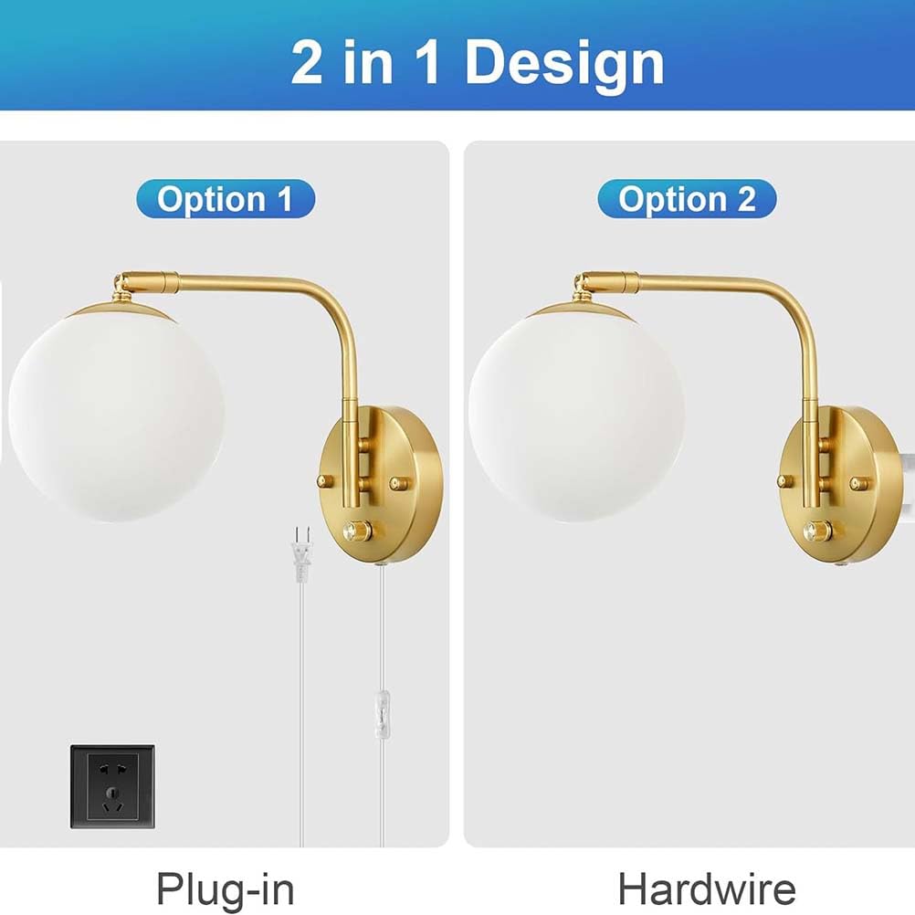 Szklana lampa ścienna LED Ściemnialna z przełącznikiem Lampa ścienna Złota, regulowana metalowa lampka nocna w środku z wtyczką i kablem Lampa ścienna do czytania w stylu vintage w stylu industrialnym