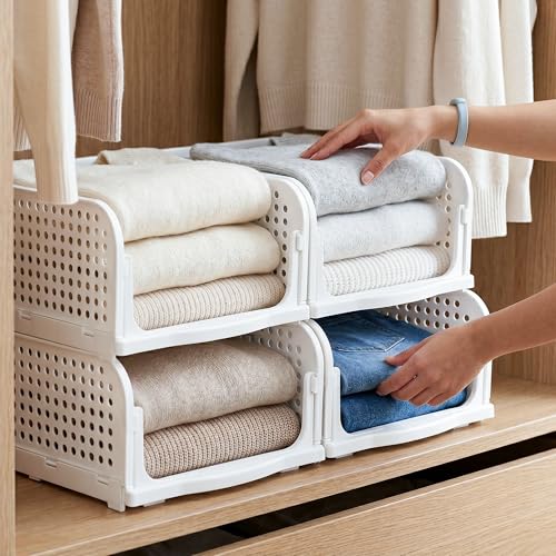 Image of VERAT 4 Pieces Storage and Organisers /Wardrobe Organizer Storage /Plastic Wardrobe /Cloth Adjustable for Foldable /Clothes Organizer Foldable Shirt /Almirah /Cupboard /Cupboard Stackbale Clothes(White)