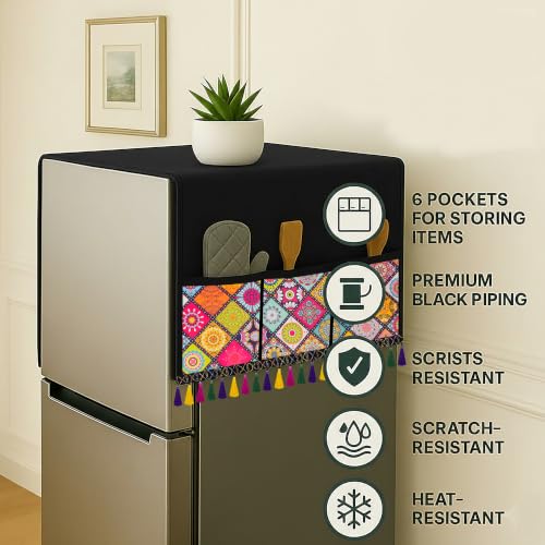 Image of Refrigerator Single Door Waterproof, Dustproof, Tassel Lace Refrigerator Top Cover, Protective Cover for Fridges with Extra Storage Space Nylon Top cover with 6 Storage Pockets ( Multi, 130 x 54 cm )