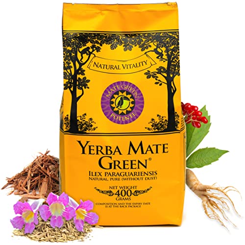 Yerba Mate Green 'Potente' 400g | Brasilianischer Mate-Tee mit Catuaba-Rinde, sibirischer Ginsengwurzel, Lapacho-Rinde und Muira Puama | Natürliche Inhaltsstoffe | Lose grüne Mateblätter Cover