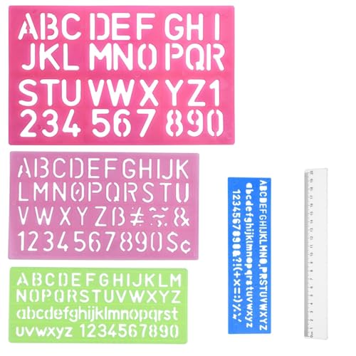 Juego de 4 plantillas de letras de plástico Con regla de 1 pieza de 20 cm, plantilla de alfabeto, letras y números pequeños, plantillas para niños, plantilla de dibujo, pintura, aprendizaje, bricolaje