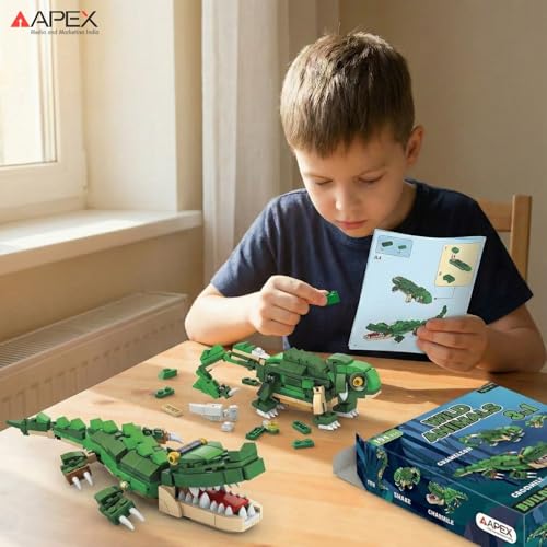 Image of Apex 3-in-1 Wild Animal Building Blocks Set- Build Crocodile, Chameleon or Snake (Single Model at a Time), 190+ Piece Kids Construction Toy, STEM Creative Blocks for Age 6+