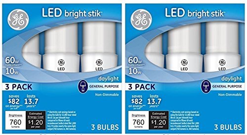 GE Lighting 79369 LED Bright Stik 10-watt (60-Watt Replacement), 760-Lumen Light Bulb with Medium Base, Daylight, 2 Box (6 Bulbs Total)