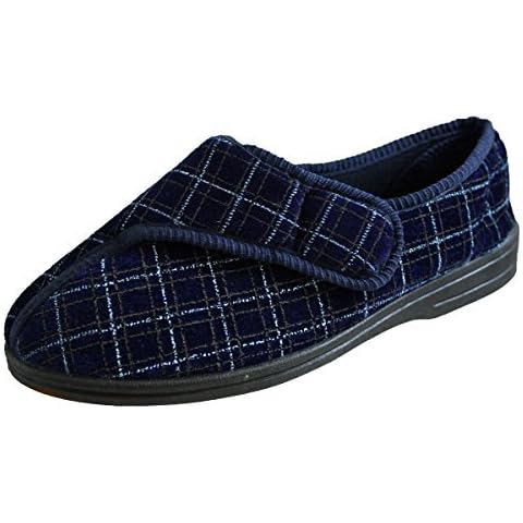 New Mens Hook And Loop Strap Machine Washable Wide Fit Diabetic Orthopaedic Flat Slippers Shoes UK Sizes 6-11, Navy blue, 7 UK Cover