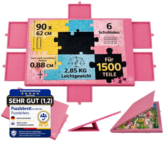Puzzlebrett bis 1500 Teile NEU mit verstärkten Platten 0 88cm Neigbar Klappbar Leicht Tragbarer Filz Puzzletisch 6 Sortierschubladen Faltbare Puzzleaufbewahrung rutschfeste Oberfläche (Rosa)