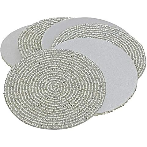 YourKart Silver Decor Indian Handmade Beaded Coffee Tea Placemat 4 Inches Set of 6 Cover