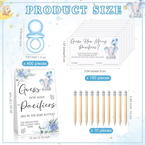 Image of Roowest 512 Pcs Baby Shower Games Guess How Many Pacifiers Sign 100 Small Guessing Games 10 HB Pencils 750ml Milk Bottle 400 Acrylic Pacifiers Decoration for Guest Gender Reveal(Blue,Elephant)
