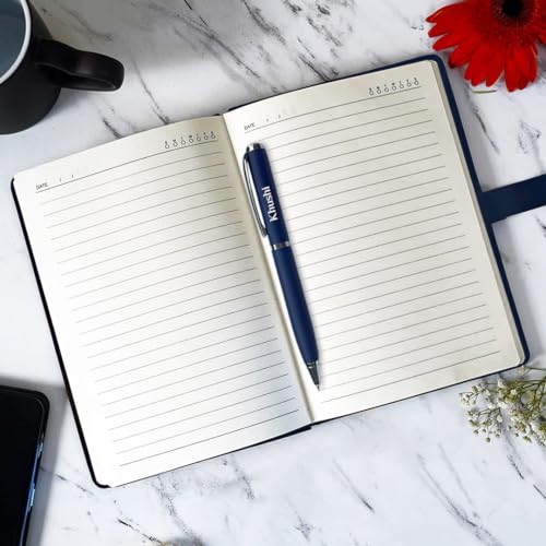 Image of Giftana Personalized Notebook Diary with Pen Gift Set for Men and Women, 2 in 1 Customized Office Diaries A5 Size Notebook, Diwali Gifts, Personalised New Year Corporate Gifts for Employees (Navy Blue)