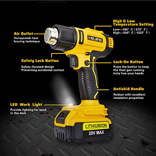 Hilipe Cordless Heat Gun For Dewalt 20V Battery,Lithium Hot Air Gun, 5 Nozzle Attachments,2-Temp Setting Max 1022°F(550°C),Heat Gun For Shrink Wrapping, Tube Bending (Tool Only, No Battery) #TOP1