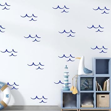 DIY Wave Wall Decals Ocean Sticker Home Nautical Decor Kids Room Boho Art Beach House Surfer Decals Natural Fresh Murals YT6748 24 Wave Sets, Blue