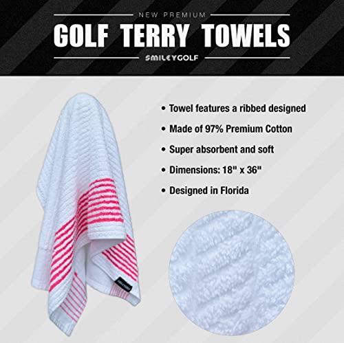 Smiley Golf Caddies Premium Terry Golf Towel, 18" X 36" Inches, 97% Pure Cotton, Holds Water For Entire Round, Ultra-Plush, Super-High Absorption, Caddy Towel, Used By Caddies & Pros On Tour #TOP3