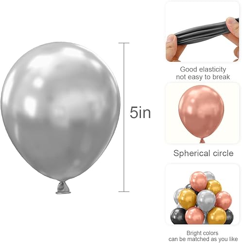 Vista 123 de Globos metálicos negros, 50 unidades, 5 pulgadas, acabado cromado, kit de guirnalda con globos de látex