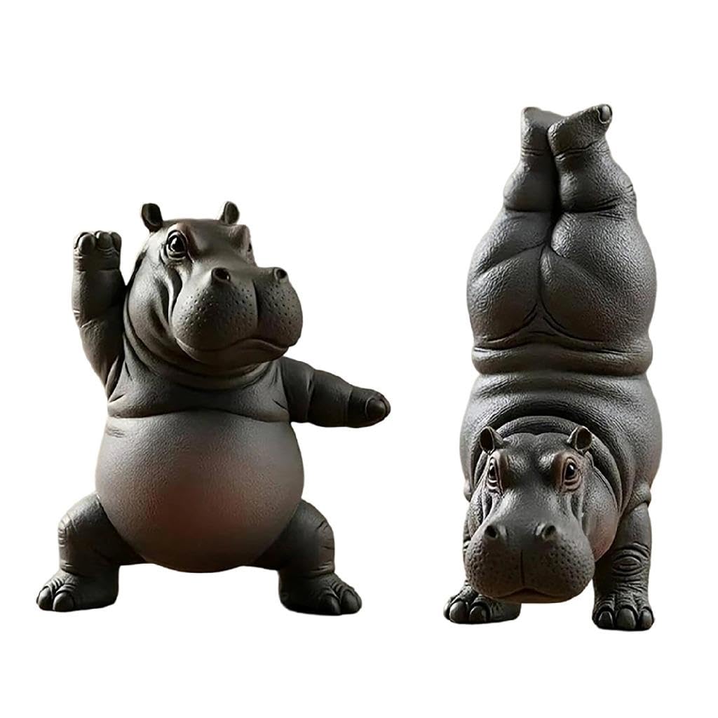 Qwyeiq Girls Handstand+Squating 2Pcs Resin Hippo Figurine Cute Yoga Master Hippo Figurine Resin Hippopotamus Sculpture Figurines Statue Lifelike Hippopotamus Statue Mini Animal Hippos Ornaments Unique Home Table Centerpiece Decor